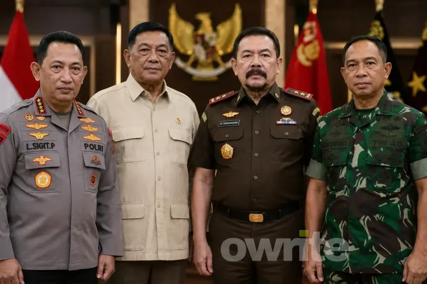 Gambar ilustrasi Kapolri Jenderal Listyo Sigit Prabowo, Menhan Sjafrie Sjamsoeddin, Jaksa Agung ST Burhanuddin, dan Panglima TNI Jenderal Agus Subiyanto