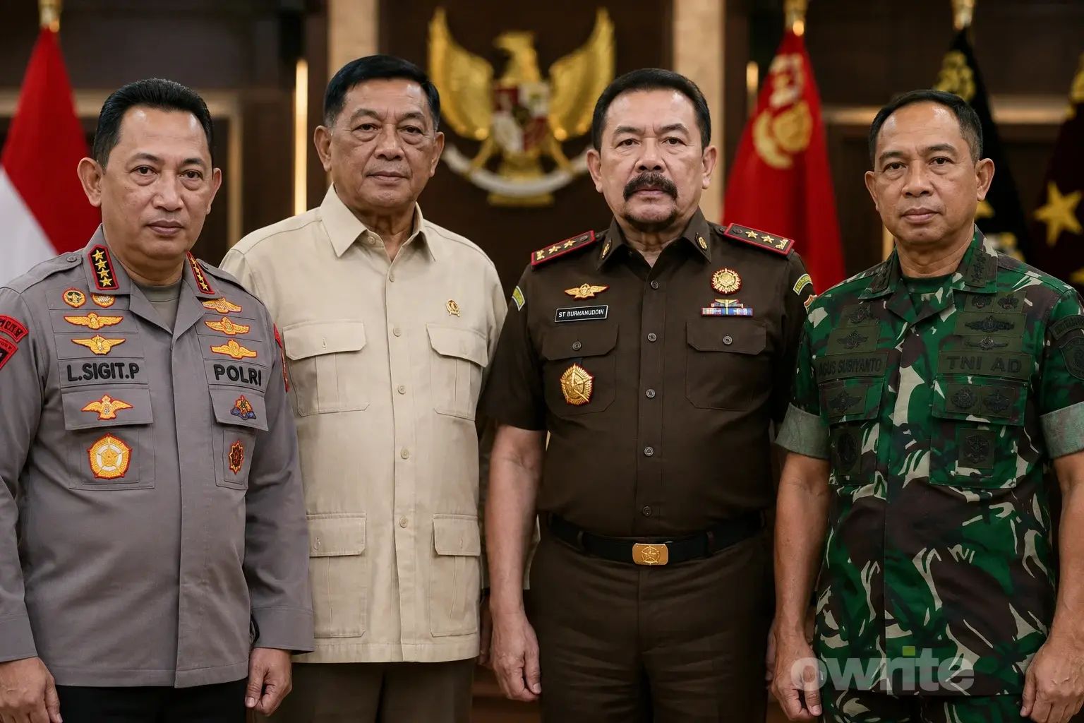 Gambar ilustrasi Kapolri Jenderal Listyo Sigit Prabowo, Menhan Sjafrie Sjamsoeddin, Jaksa Agung ST Burhanuddin, dan Panglima TNI Jenderal Agus Subiyanto