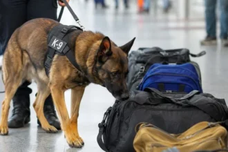 Ilustrasi anjing K-9 melacak dari tas.