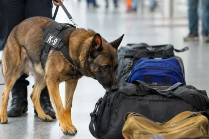 Ilustrasi anjing K-9 melacak dari tas.