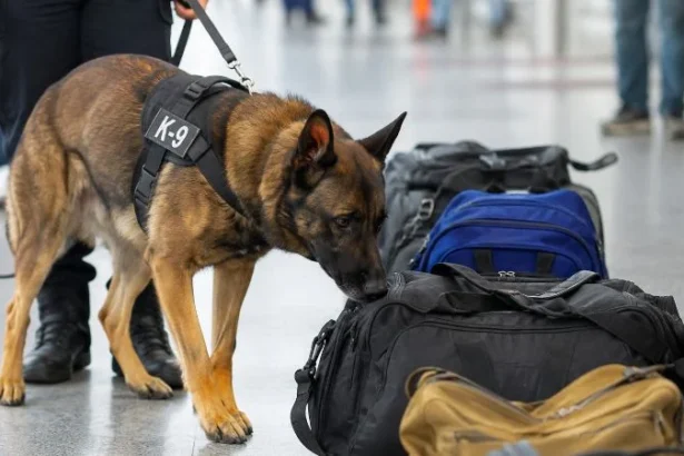 Ilustrasi anjing K-9 melacak dari tas.
