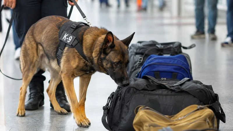 Ilustrasi anjing K-9 melacak dari tas.