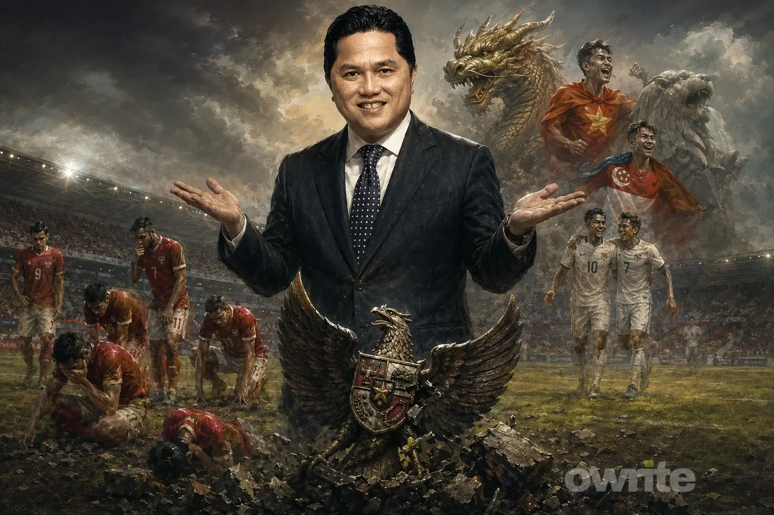 Ilustrasi kegagalan Timnas Indonesia di bawah kepemimpinan Erick Thohir sebagai Ketua Umum PSSI.