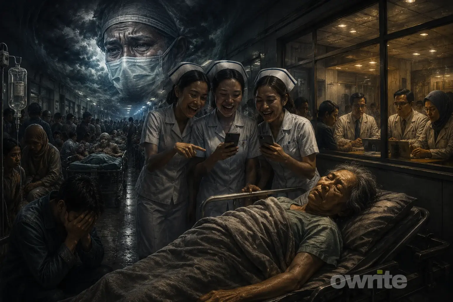 Ilustrasi kontras kondisi pasien di lorong rumah sakit.