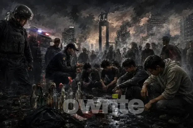 Ilustrasi polisi menangkap terduga perusuh demonstrasi.