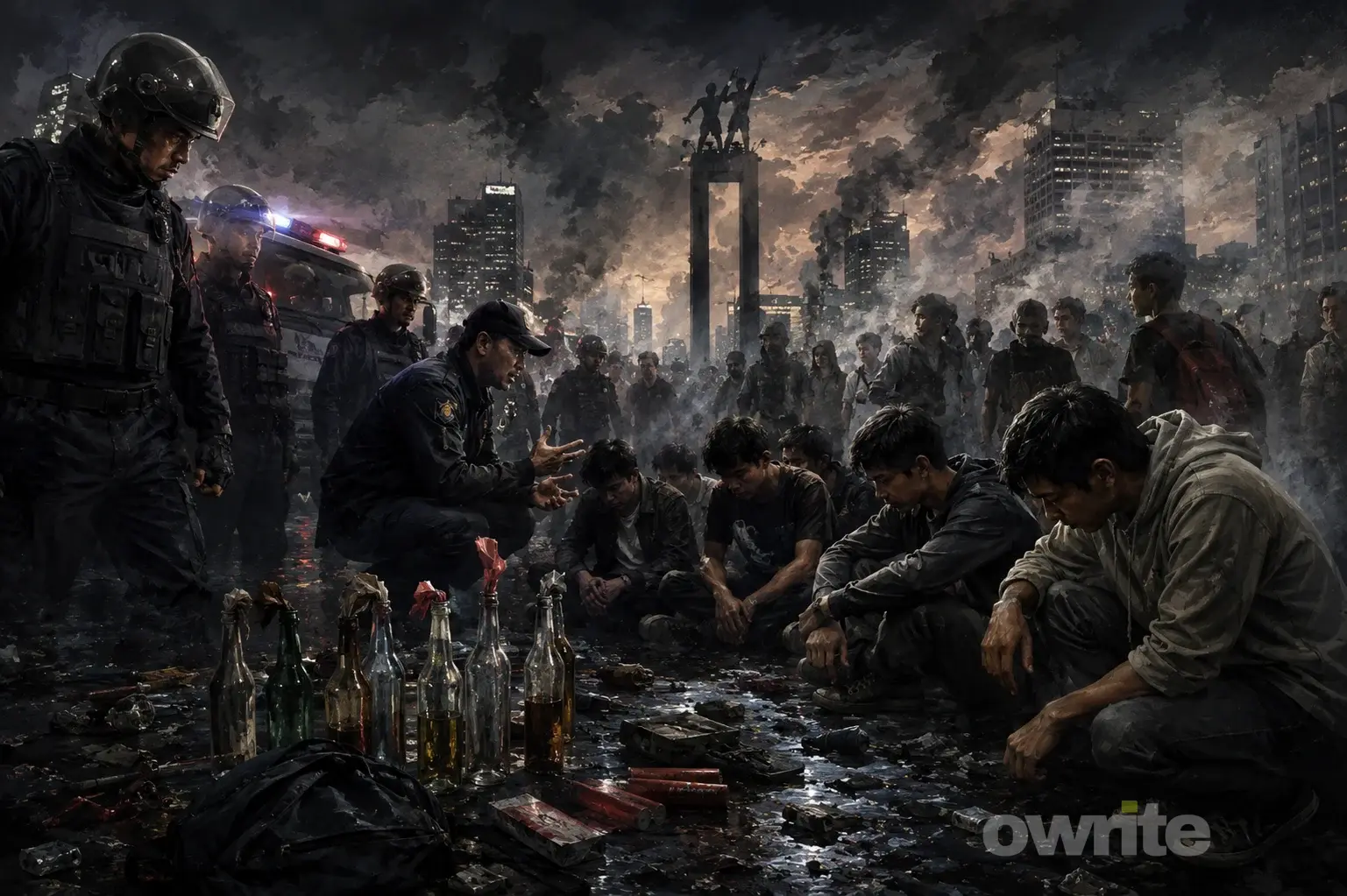 Ilustrasi polisi menangkap terduga perusuh demonstrasi.
