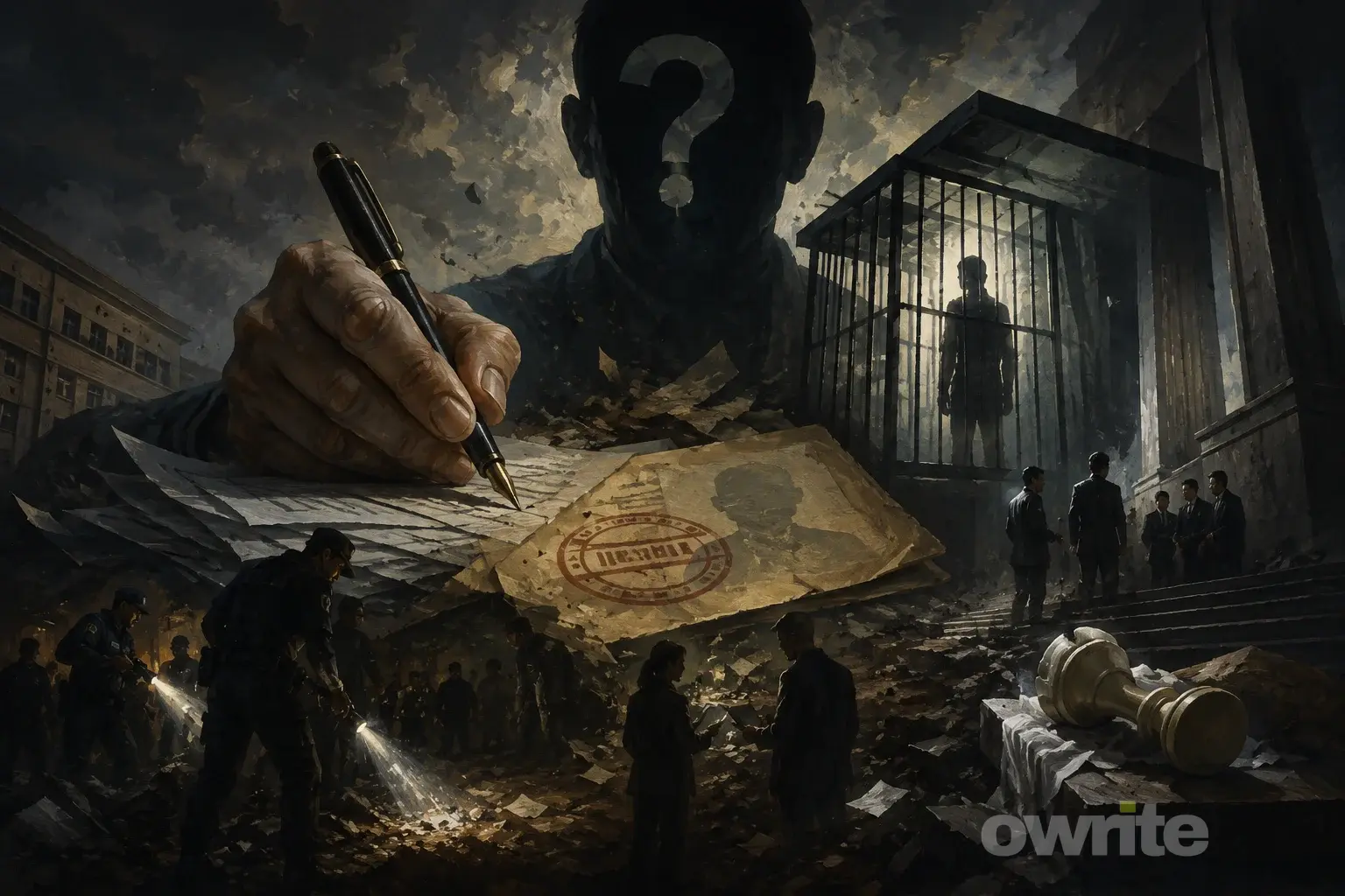 Kolase misteri hukum dan keadilan.