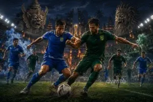 Ilustrasi pertandingan Persebaya vs. Persib pada final Piala Presiden 2026 di Bali.