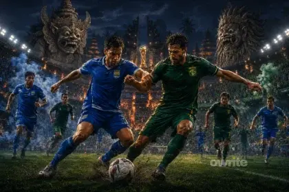 Ilustrasi pertandingan Persebaya vs. Persib pada final Piala Presiden 2026 di Bali.