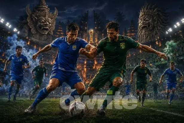 Ilustrasi pertandingan Persebaya vs. Persib pada final Piala Presiden 2026 di Bali.