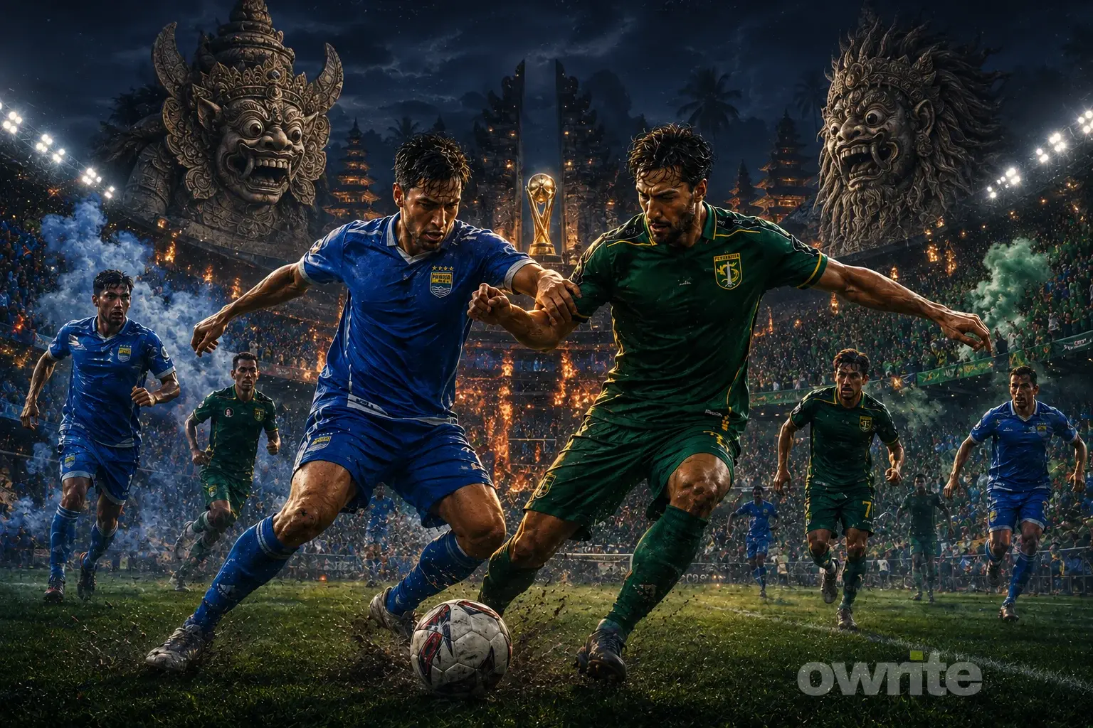 Ilustrasi pertandingan Persebaya vs. Persib pada final Piala Presiden 2026 di Bali.