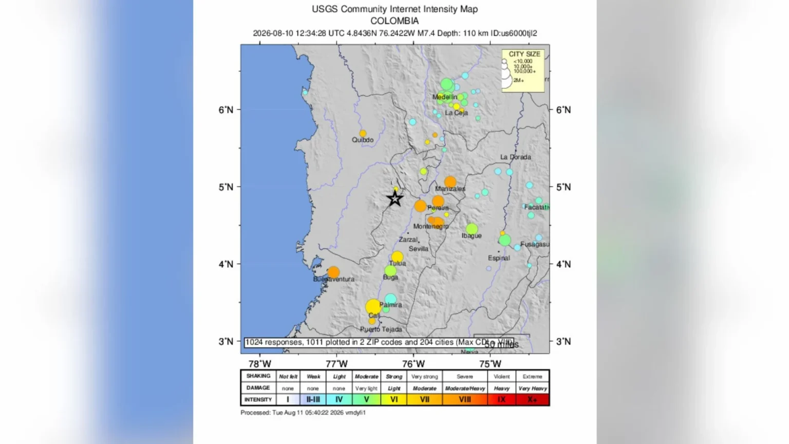 Gempa Bumi Magnitudo 7,4 Guncang Kolombia. (Sumber: USGS)
