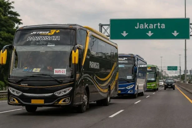 Ilustrasi bus di jalan tol.