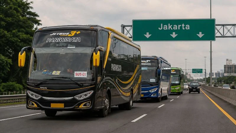 Ilustrasi bus di jalan tol.