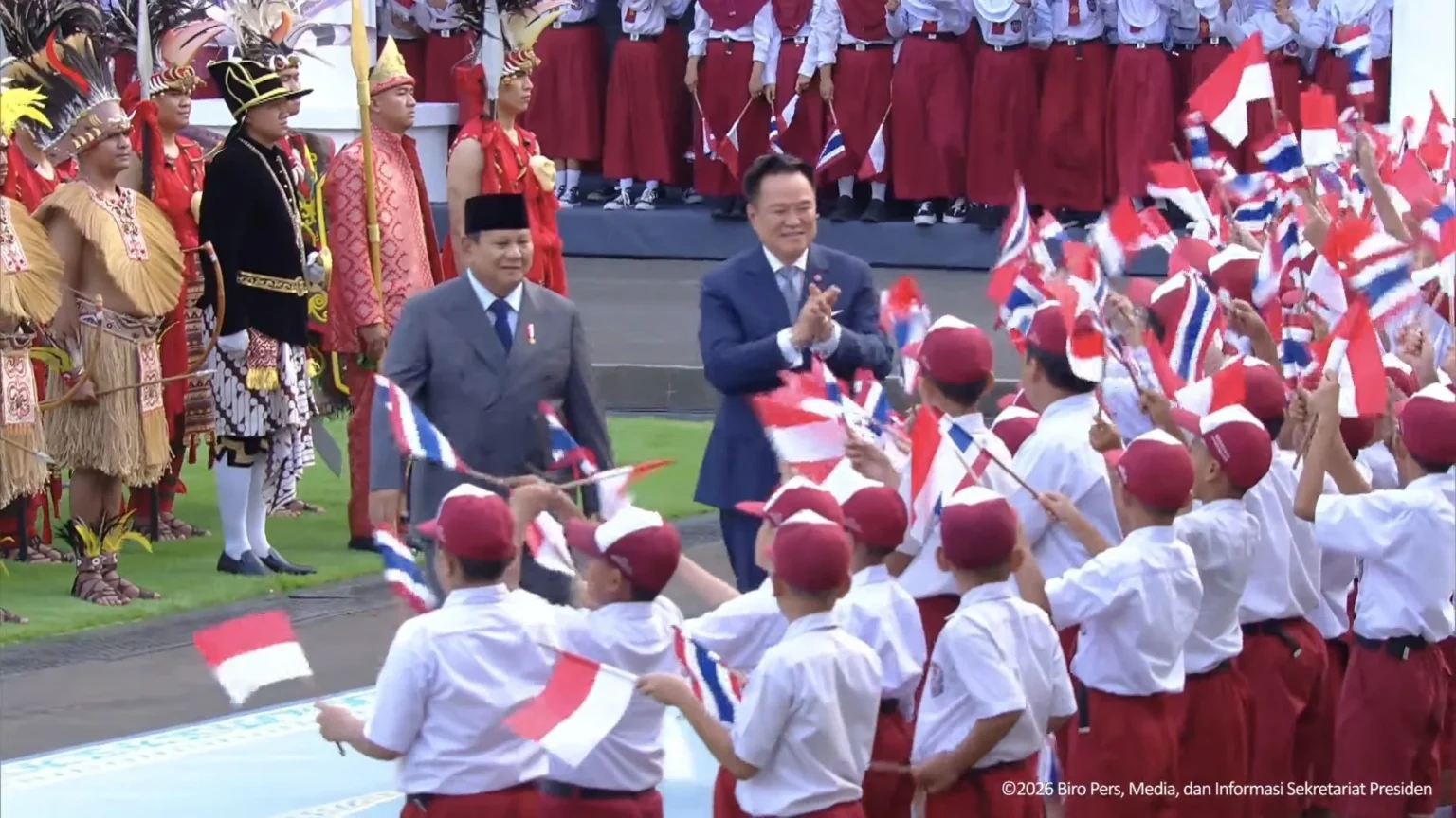 Prabowo saat menerima kunjungan resmi Perdana Menteri Thailand Anutin Charnvirakul di Istana Merdeka, Jakarta, Senin, 3 Agustus 2026. (Sumber: BPMI)