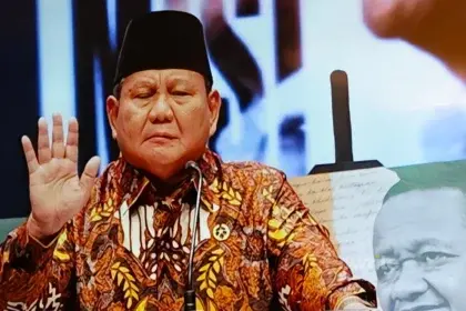 Prabowo Pidato di peluncuran buku 10 Karya Nyata untuk Negeri: Setengah Abad Bahlil Lahadalia. (Sumber: Owrite/Natania Longdong)