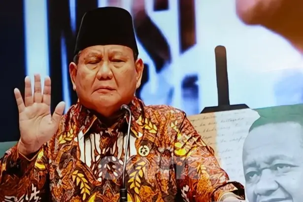 Prabowo Pidato di peluncuran buku 10 Karya Nyata untuk Negeri: Setengah Abad Bahlil Lahadalia. (Sumber: Owrite/Natania Longdong)