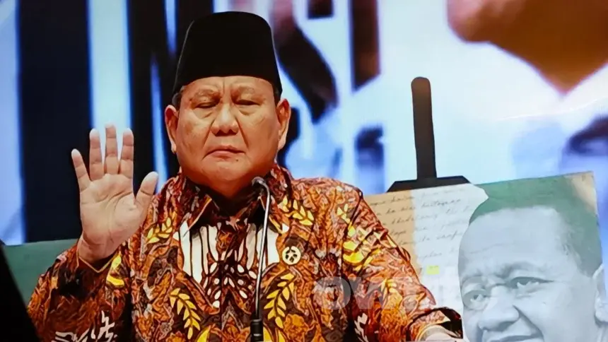Prabowo Pidato di peluncuran buku 10 Karya Nyata untuk Negeri: Setengah Abad Bahlil Lahadalia. (Sumber: Owrite/Natania Longdong)