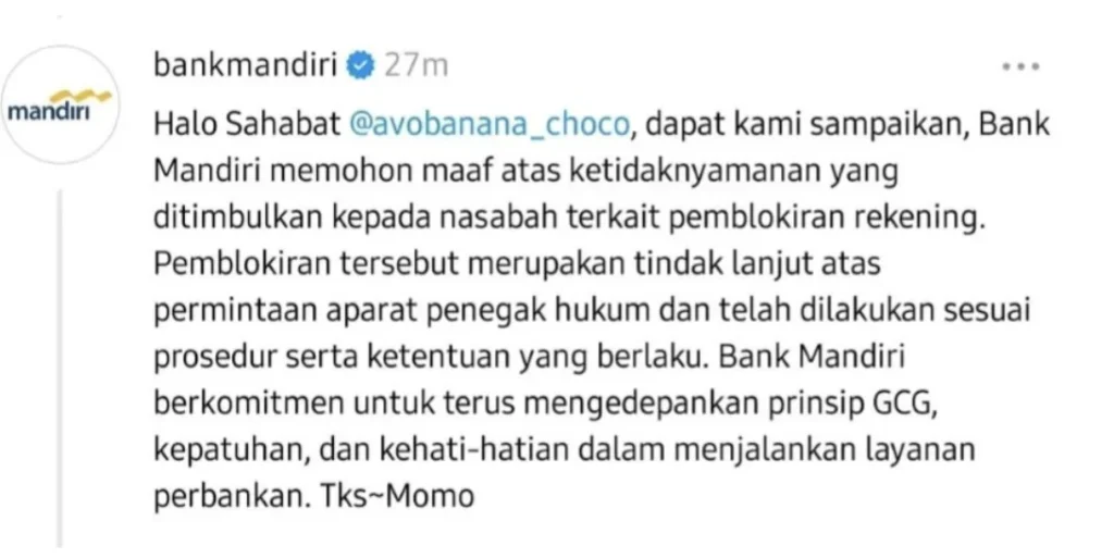 Tangkapan Layar Pernyataan Bank Mandiri di akun X nya. (Sumber: X)