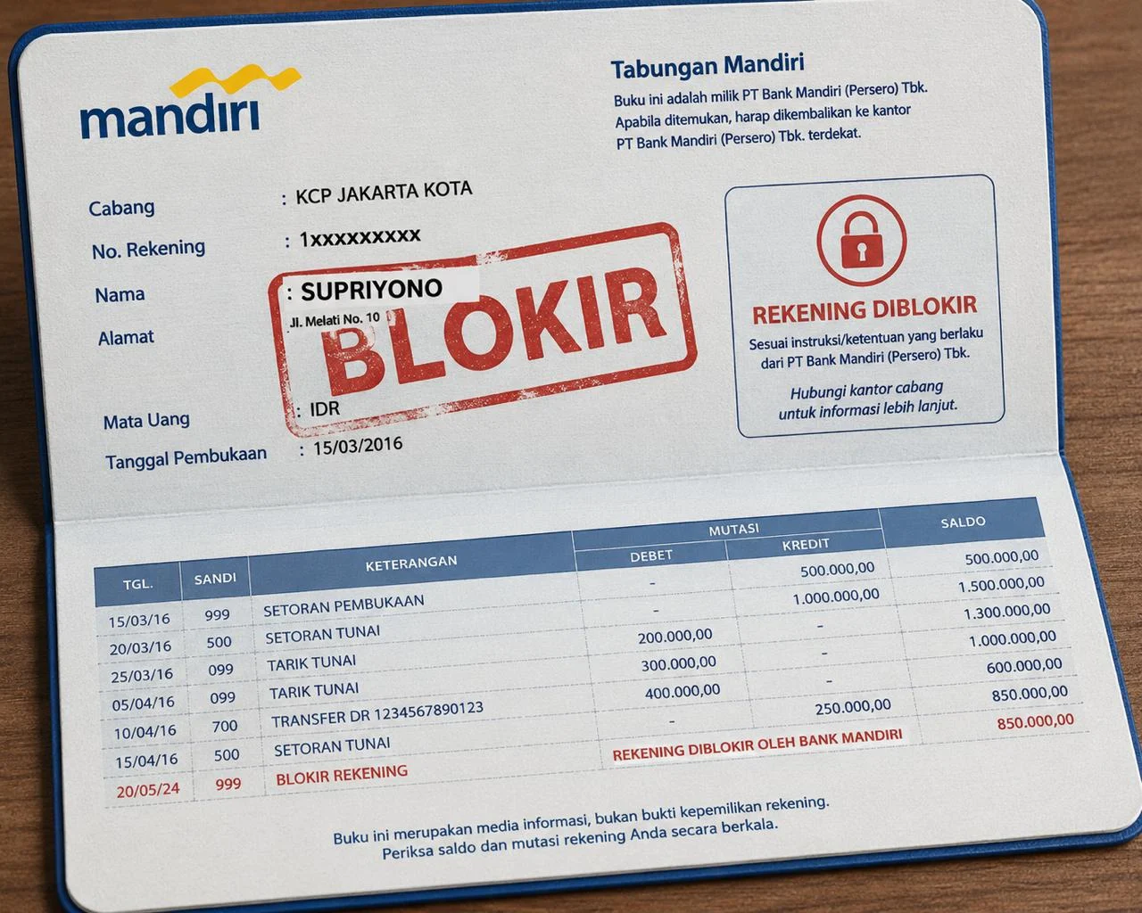 Ilustrasi Buku Rekening Bank Mandiri yang Diblokir.