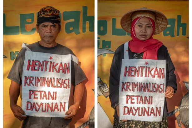 Foto kolase (kiri-kanan) dua petani, Ropii (67) dan Trisminah (45), berpose sebelum mengikuti unjuk rasa Kelompok Tani Kawulo Alit Mandiri bertajuk "Tolak Kriminalisasi Petani" menuju Mapolda Jawa Tengah di Dusun Dayunan, Desa Pesaren, Kecamatan Sukorejo, Kabupaten Kendal, Jawa Tengah, Senin (3/8/2026).