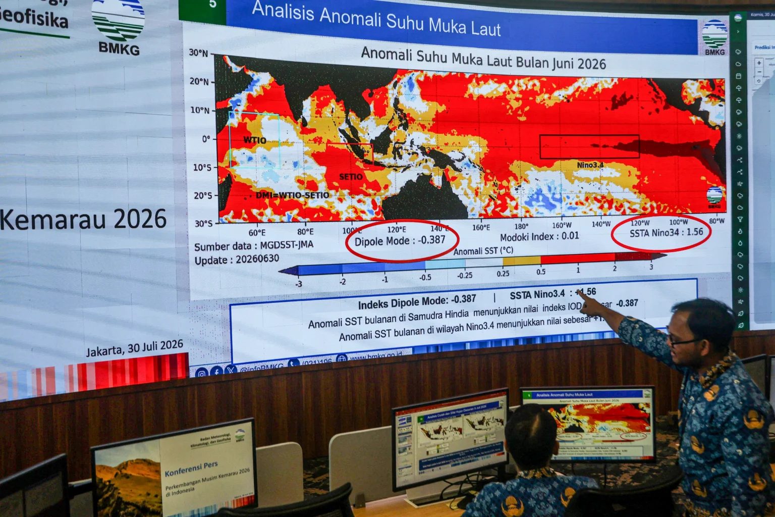Petugas memantau perkembangan analisis anomali suhu muka laut melalui layar monitor di Kantor Pusat Badan Meteorologi, Klimatologi, dan Geofisika (BMKG), Jakarta