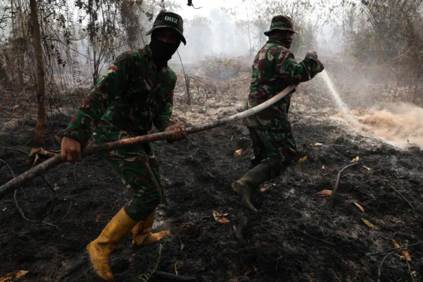 Personel Yonif TP 882/Hulubalang melakukan pembasahan untuk mencegah api kembali menyala di lokasi kebakaran lahan gambut di Desa Arang Limbung, Kecamatan Sungai Raya, Kabupaten Kubu Raya, Kalimantan Barat