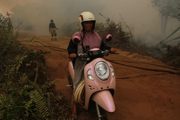 Warga mengendarai sepeda motor di sekitar lahan yang terbakar di Kelurahan Panarung, Palangka Raya, Kalimantan Tengah, Rabu (26/8/2026).