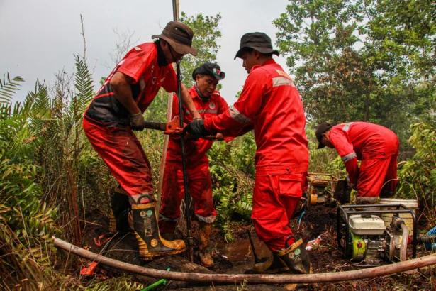 Personel Manggala Agni Daops Palangka Raya membuat sumur bor sebagai sumber air untuk pemadaman kebakaran lahan gambut di Kelurahan Kameloh Baru, Palangka Raya, Kalimantan Tengah