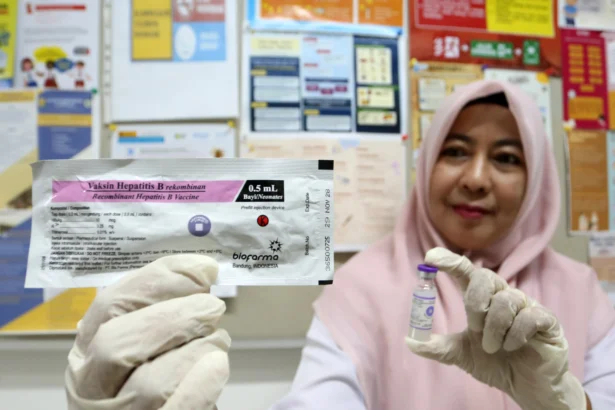 Petugas imunisasi Puskesmas Lampulo memperlihatkan vaksin hepatitis untuk balita di Banda Aceh, Aceh