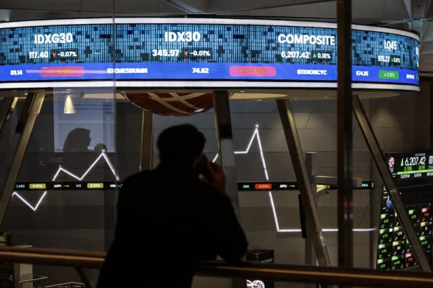 Pekerja mengamati layar digital pergerakan Indeks Harga Saham Gabungan (IHSG) di Bursa Efek Indonesia (BEI), Jakarta. (Sumber: Antara Foto/Dhemas Reviyanto/wsj)