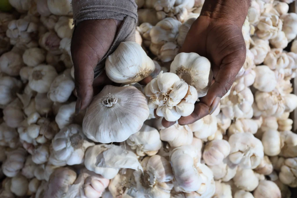 Pedagang memperlihatkan bawang putih yang dijual di Pasar Al Mahira, Banda Aceh, Aceh. (Sumber: Antara Foto/Akramul Muslim/tom)