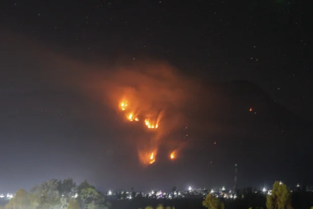 Sejumlah titik api baru kebakaran hutan di kawasan Taman Nasional Bromo Tengger Semeru (TNBTS) terlihat dari Desa Ngadisari, Kecamatan Sukapura, Probolinggo, Jawa Timur