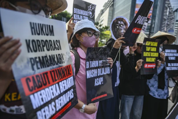 Aktivis lingkungan Wahana Lingkungan Hidup Indonesia (Walhi) berunjuk rasa terkait kebakaran hutan dan lahan (karhutla) di kawasan Tosari, Jakarta, Jumat (14/8/2026).