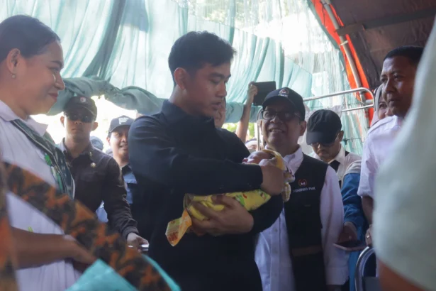Wakil Presiden Gibran Rakabuming Raka (tengah) didampingi Menteri Koordinator Bidang Pembangunan Manusia dan Kebudayaan Pratikno (ketiga kanan) dan Bupati Sikka Juventus Prima Yoris Kago (kanan) menggendong salah satu bayi yang dirawat di tenda darurat di RSUD TC Hillers, Maumere, Kabupaten Sikka, NTT, Kamis (20/8/2026).