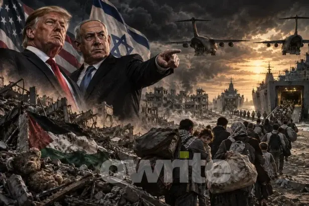 Ilustrasi pembersihan etnis warga Palestina dari Gaza oleh Israel dan Amerika Serikat.