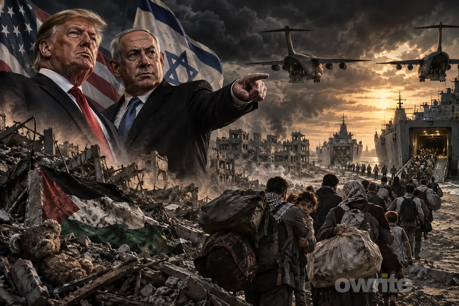 Ilustrasi pembersihan etnis warga Palestina dari Gaza oleh Israel dan Amerika Serikat.