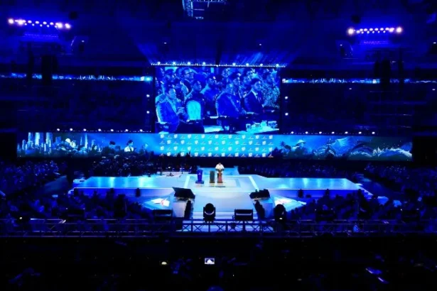 Presiden Prabowo Subianto menyampaikan sambutannya dalam acara peringatan HUT ke-25 Partai Demokrat.
