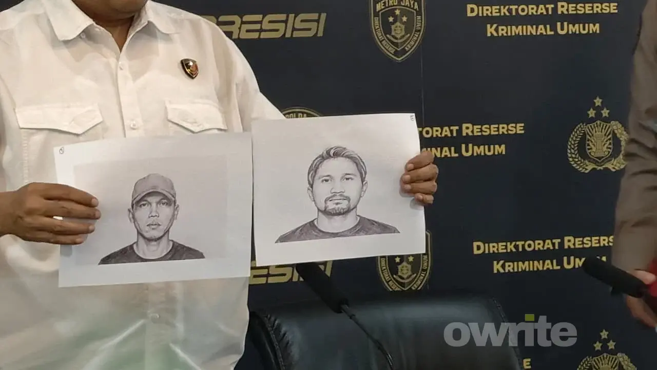 Polda Metro Jaya pamerkan sketsa dua terduga pelaku penganiayaan seorang pedagang kaca, Bambang Setiyawan, yang tewas dalam kericuhan pasca demonstrasi di Pejompongan 27 Agustus 2026. (Foto: owrite/Rahmat Baihaqi)
