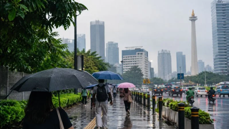 Ilustrasi warga memakai payung saat huja gerimis di Jakarta.