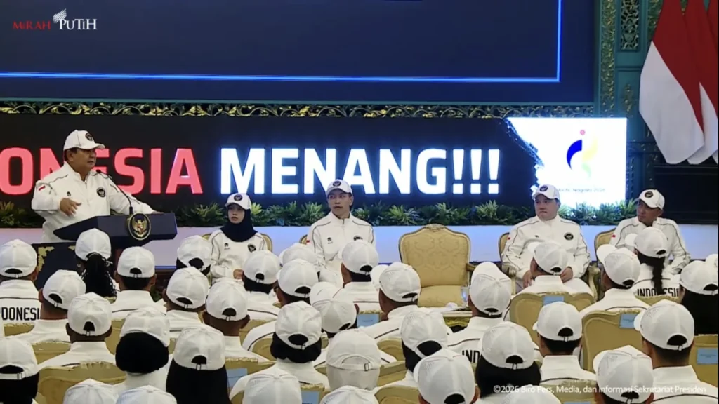 Presiden Prabowo Pidato saat melepas Kontingen Indonesia menuju Asian Games ke-20 di Jakarta. (Sumber: Youtube Sekretariat Presiden)