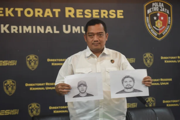 Dirreskrimum Polda Metro Jaya Kombes Pol. Iman Imanuddin menunjukkan sketsa wajah dua terduga pelaku pengeroyokan yang menewaskan warga Pejompongan, Bambang Setiyawan, dalam konferensi pers perkembangan penanganan pascakerusuhan 27 Agustus di Ditreskrimum Polda Metro Jaya, Rabu (2/9/2026).